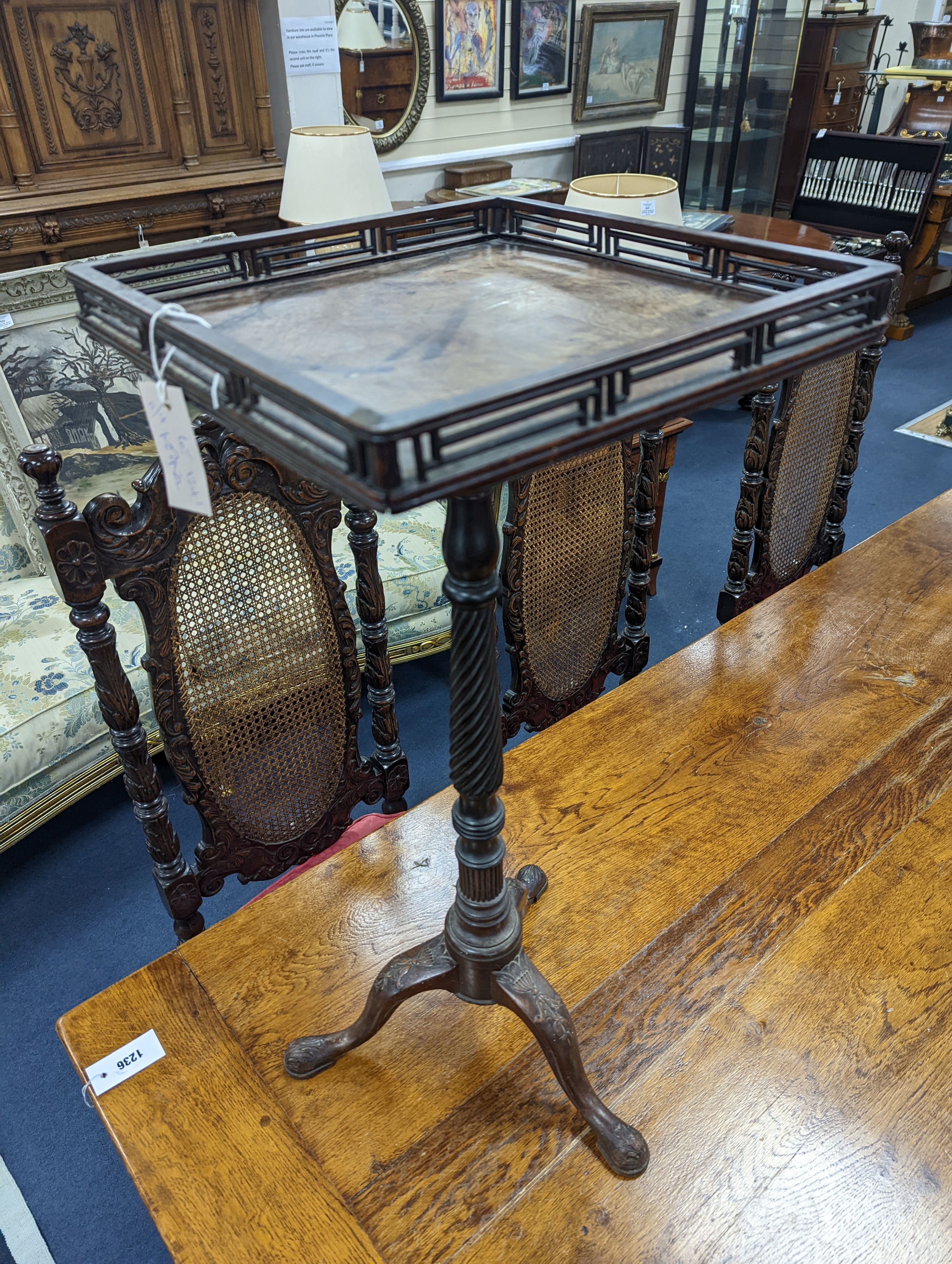 A George III style galleried mahogany tripod wine table incorporating old timber, width 34cm, height 76cm